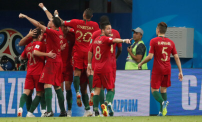 Soccer Football - World Cup - Group B - Portugal vs Spain - Fisht Stadium, Sochi, Russia - June 15, 2018 Portugal's Cristiano Ronaldo celebrates scoring their third goal with team mates REUTERS/Murad Sezer